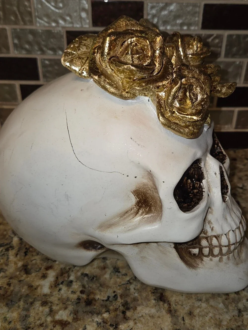 Decorative Resin Halloween Spooky White Skull with Gold Rose Accents